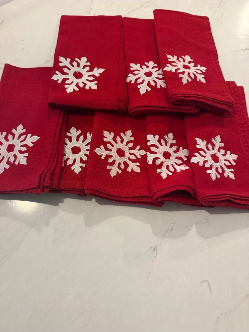 Set of 8 Red Embroidered Snowflake Holiday Napkins - Cloth Napkins.